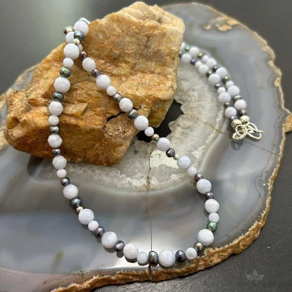 Carolyn Pollack Sterling Blue Lace Agate &Eggplant Pearl Bead Necklace For Women